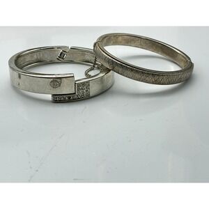 Vintage Silver Tone Bangle Bracelet Lot of 2 Rhinestone Geometric Textured